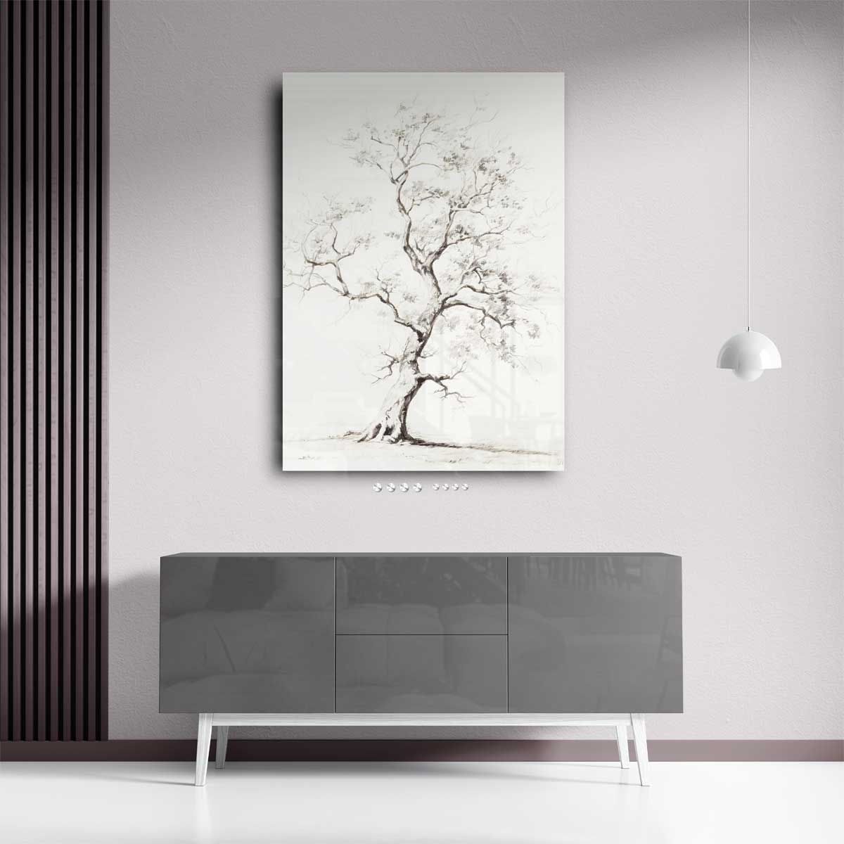 Elegante Boomtekening in Zwart-Wit – staand kunstwerk voor modern interieur
