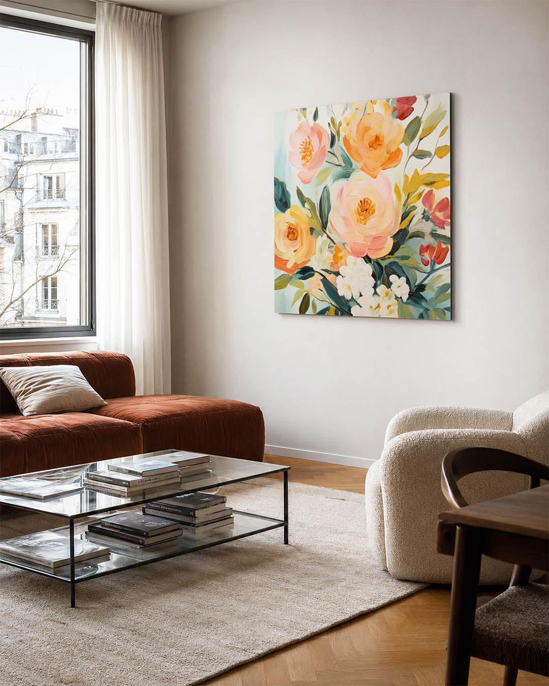 Bloemrijke kleurenexplosie kunstwerk – vierkante wanddecoratie – dit werk toont een levendige compositie van bloemen in
