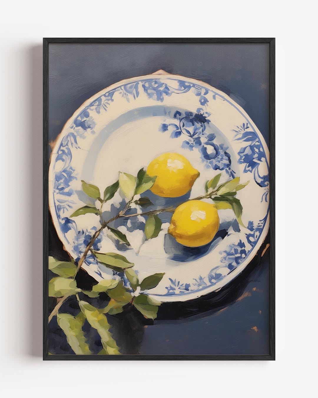Zomerse Citroen Op Blauwe Porselein – keuken portret poster als wanddecoratie