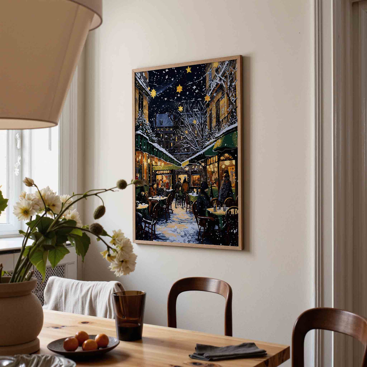 Winteravond terras – kerstposter in staand formaat