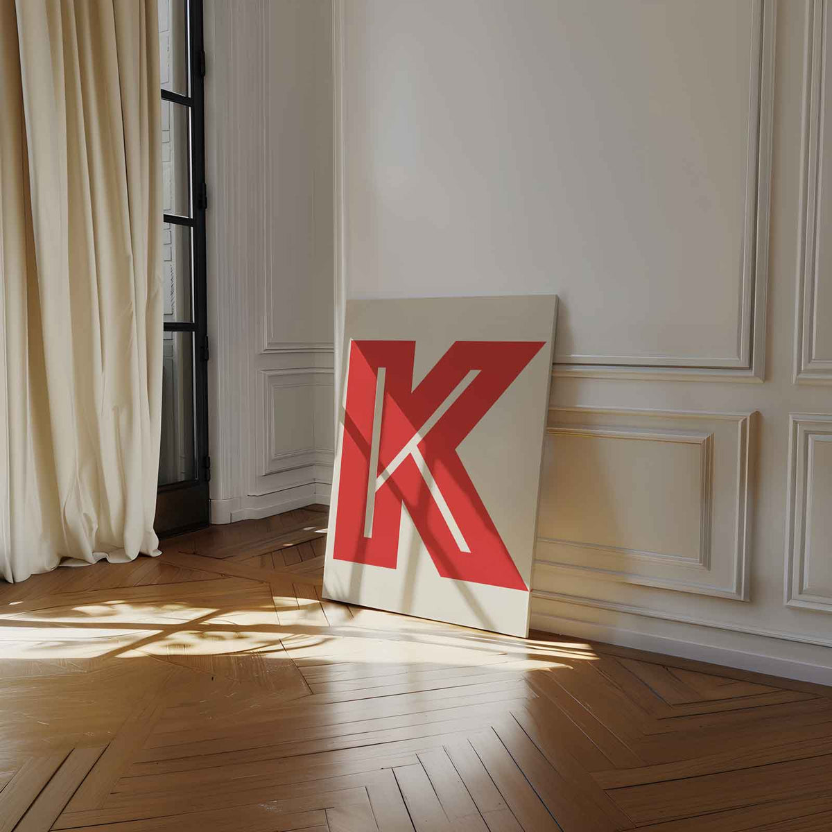 Abstract Rood K-monogram – dibond wanddecoratie in staand formaat