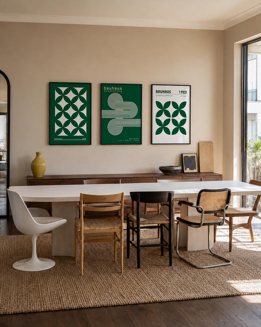Cirkelpatroon harmonie posterset – tweede productweergave – deze posterset toont een ritmisch spel van overlappende groene