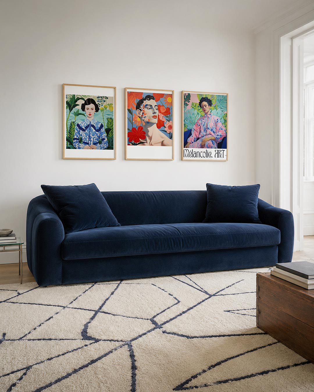 Natuurlijke harmonie driedelige posterset – een vrouw in een blauw-wit patroon staat centraal, omgeven