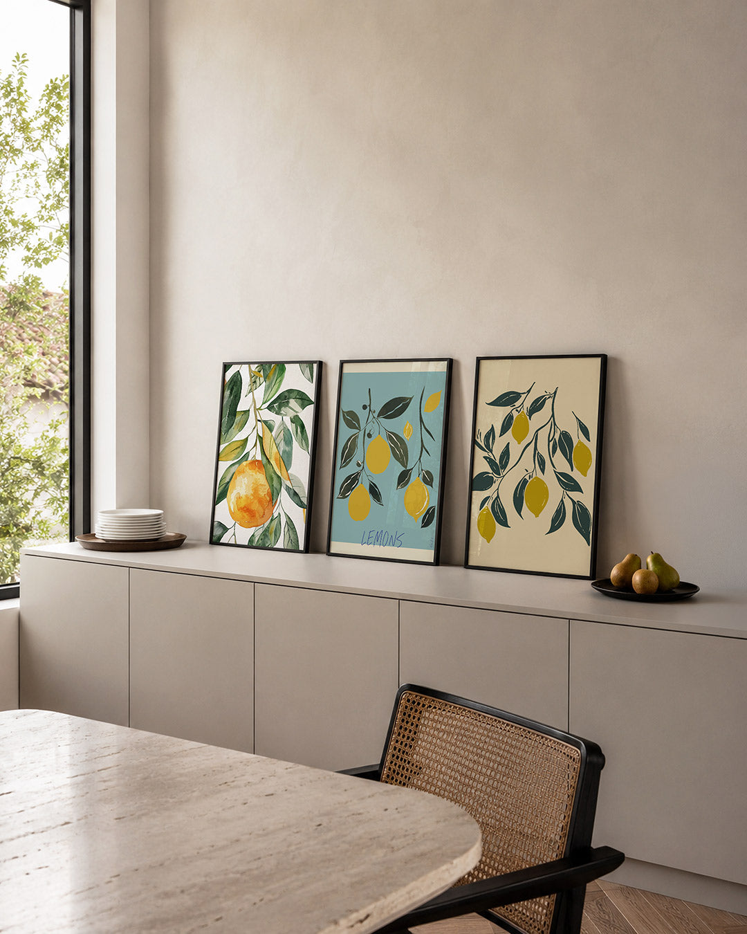Fruitige kleurvlakken posterset – detailweergave – deze posterset in drie delen toont levendige oranje cirkels