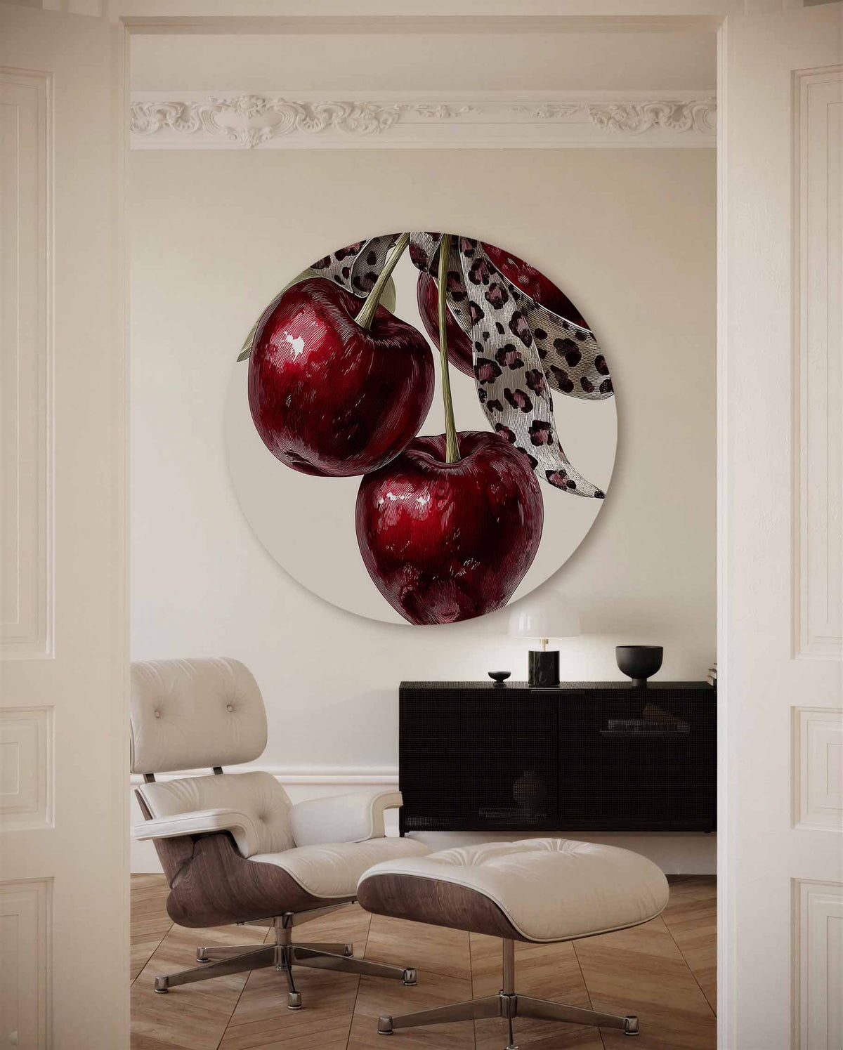 Rode kersen met lint – kleurrijke Pop Art muurcirkel voor aan de muur