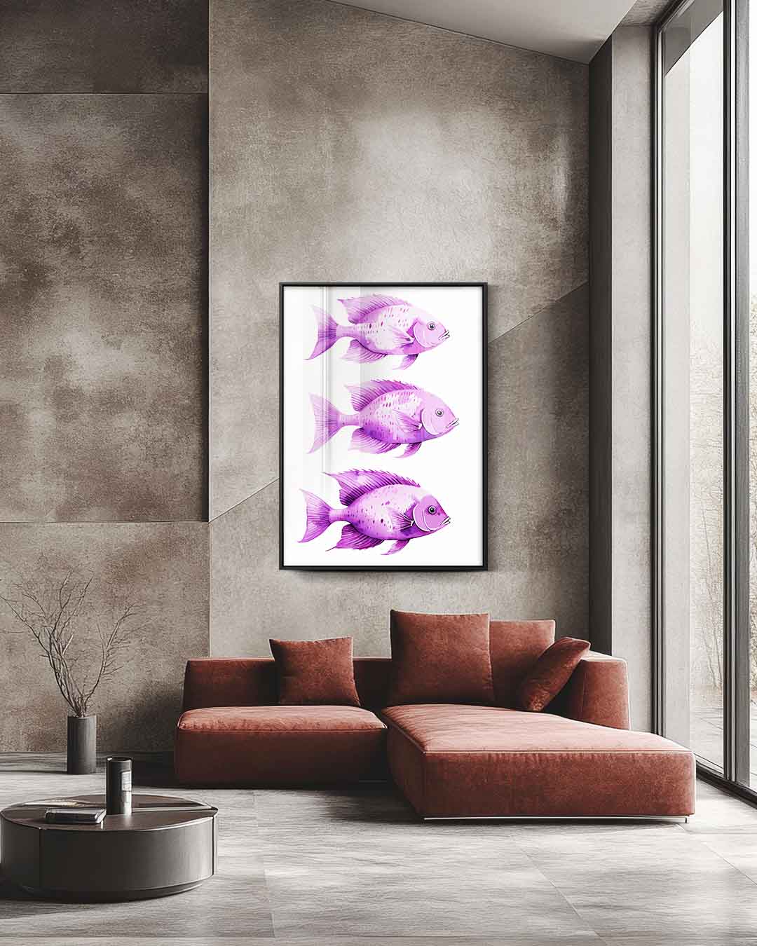 Speelse Paarse Vistrio – staande wandkunst voor woonkamer of interieur