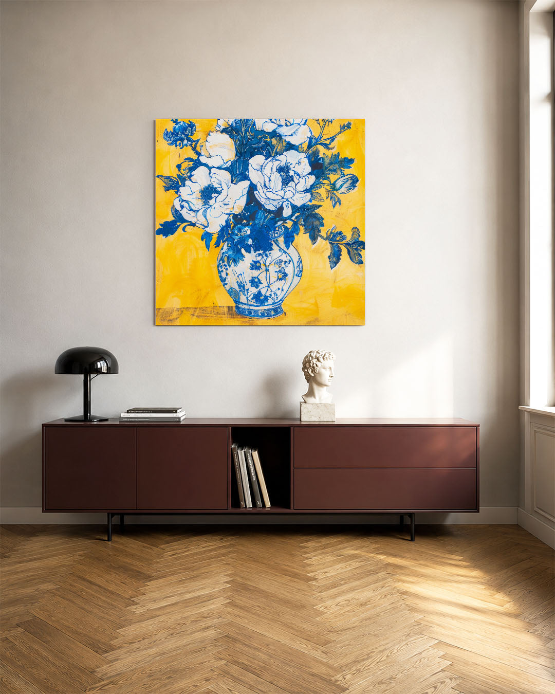 Bloemen in vaas kunstwerk – tweede productweergave – dit werk toont een vaas met bloemen in levendige kleuren. De blauwe