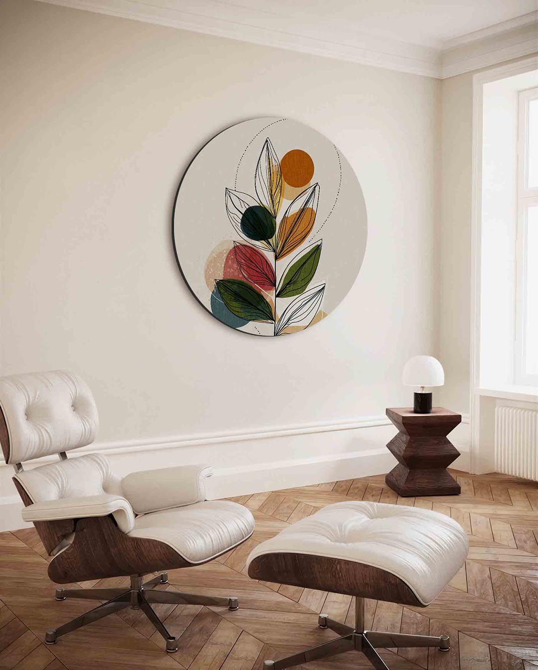 Bladeren en cirkels – moderne ronde wanddecoratie met vrouwelijk portret
