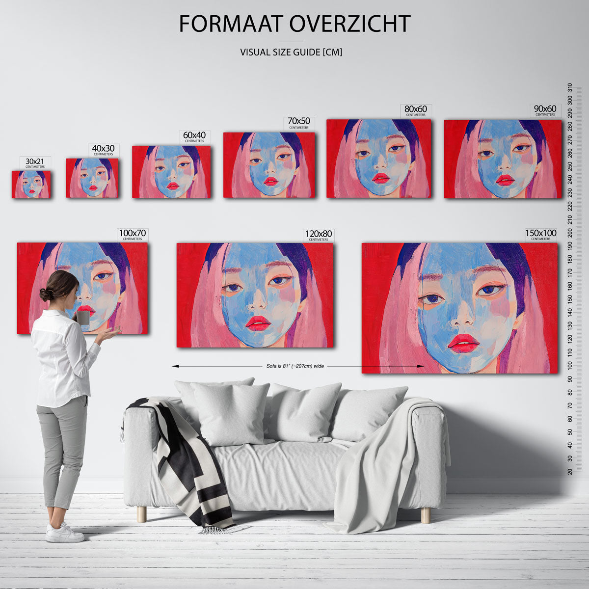 Portret met blauwe en roze tinten – liggende muurposter met vrouwelijk portret