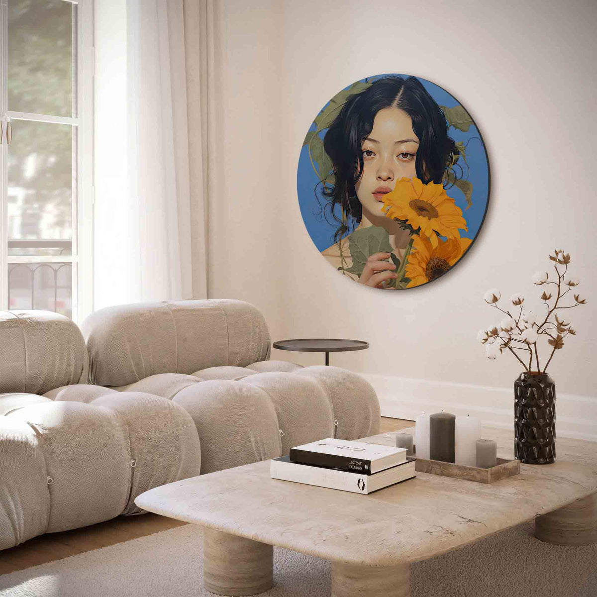 Vrouw met zonnebloemen – muurcirkel met abstracte texturen voor aan de muur