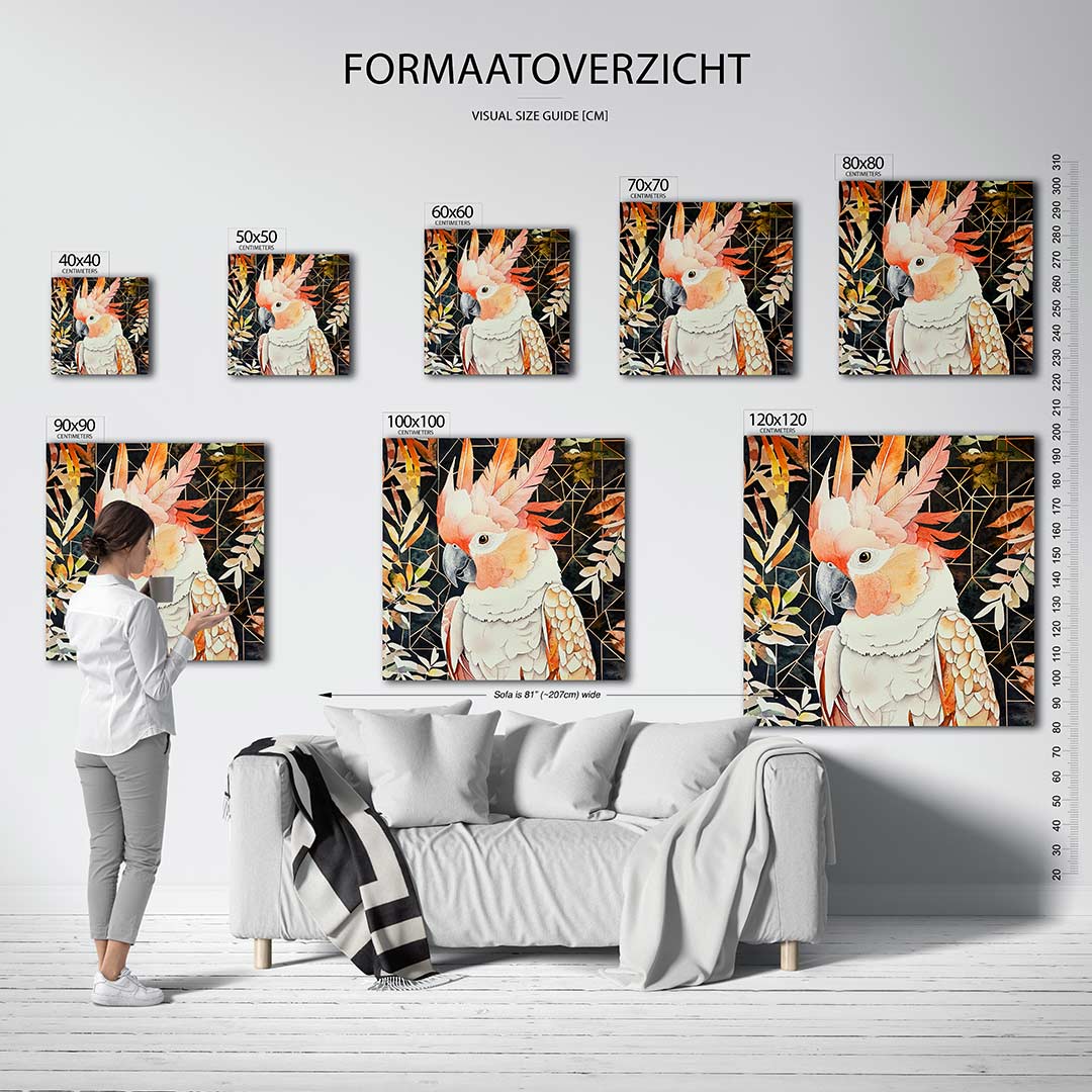 Vogels en geometrie kunstwerk – dit kunstwerk toont een vogel met levendige oranje en beige tinten tegen een achtergrond van