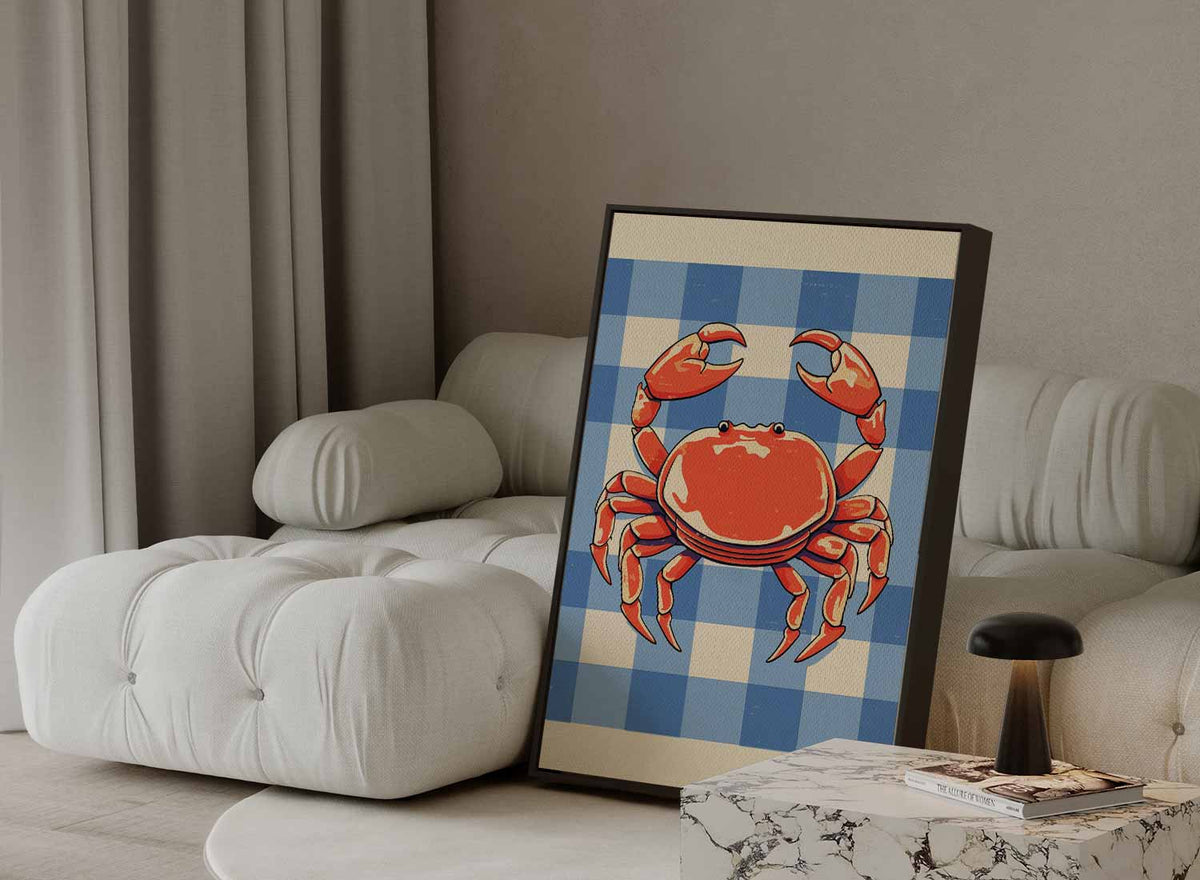 Vrolijke Krab op Blauw-Wit Patroon – portret kunstwerk als wanddecoratie, afbeelding 13