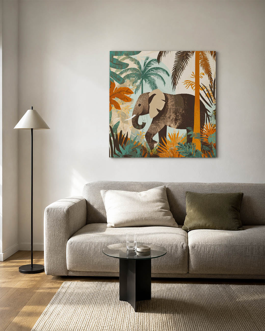 Dierlijke jungle scène kunstwerk – detailweergave – dit kunstwerk toont een olifant in een weelderige jungle, omringd door
