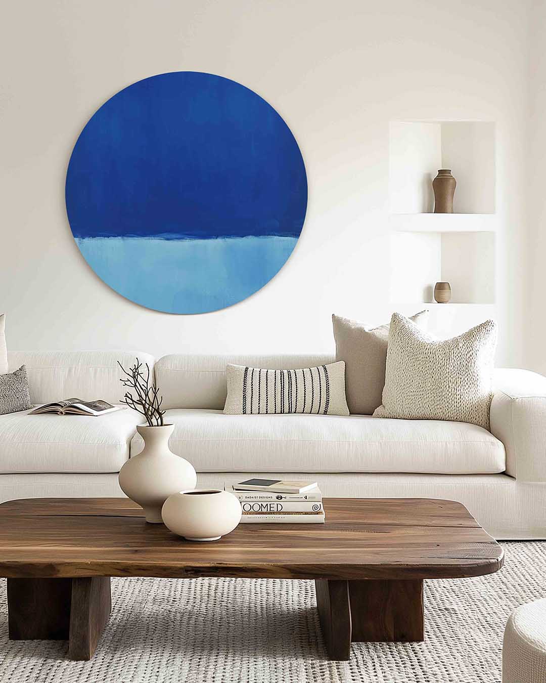Blauwe horizon – muurcirkel met kleur en vormen voor aan de muur