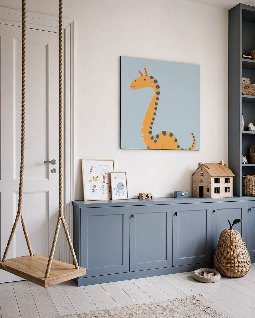 Speelse dinosaurus illustratie kunstwerk – vierkante wanddecoratie – dit kunstwerk toont een vrolijke dinosaurus met een