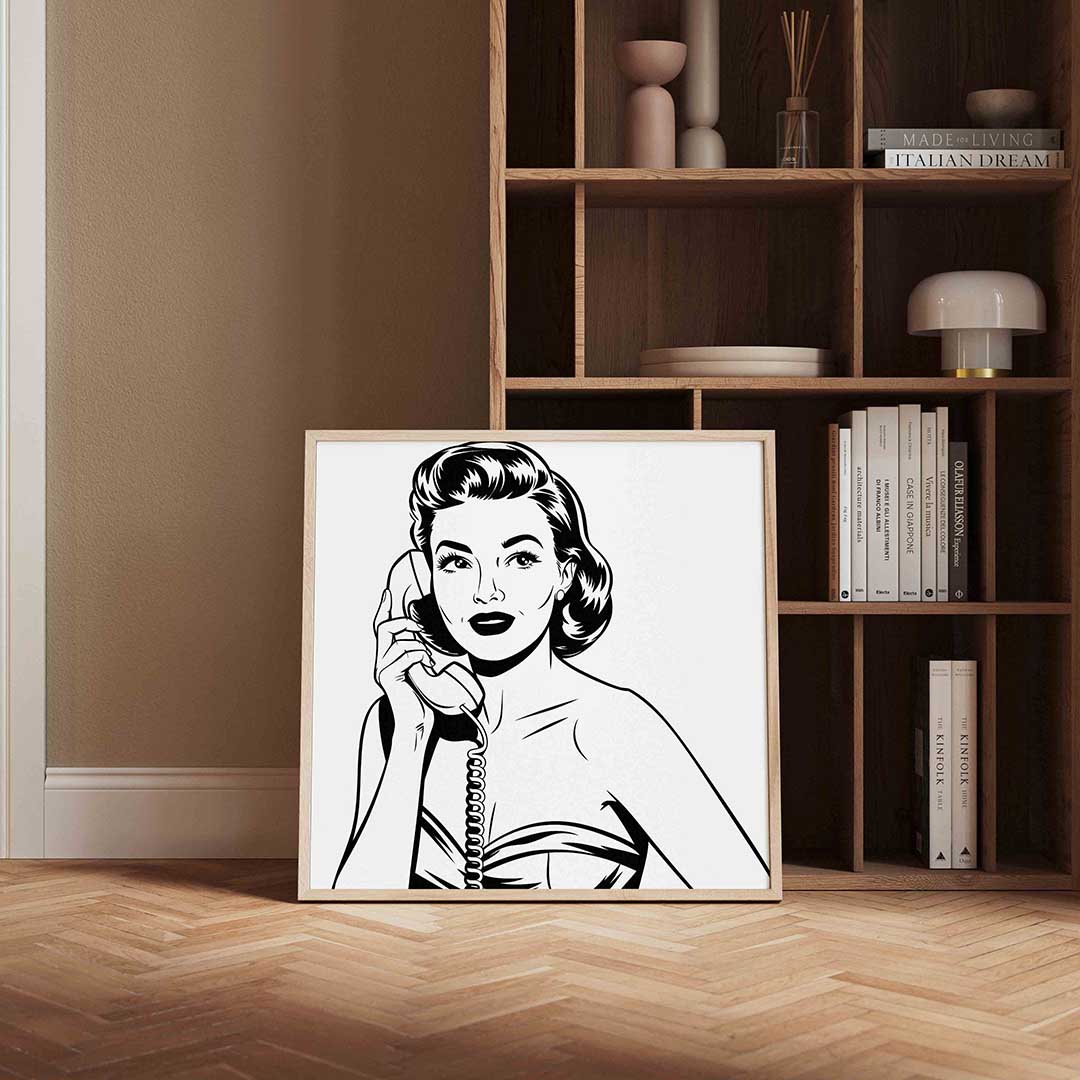 Vrouw met telefoon – kleurrijke Pop Art poster in vierkant formaat
