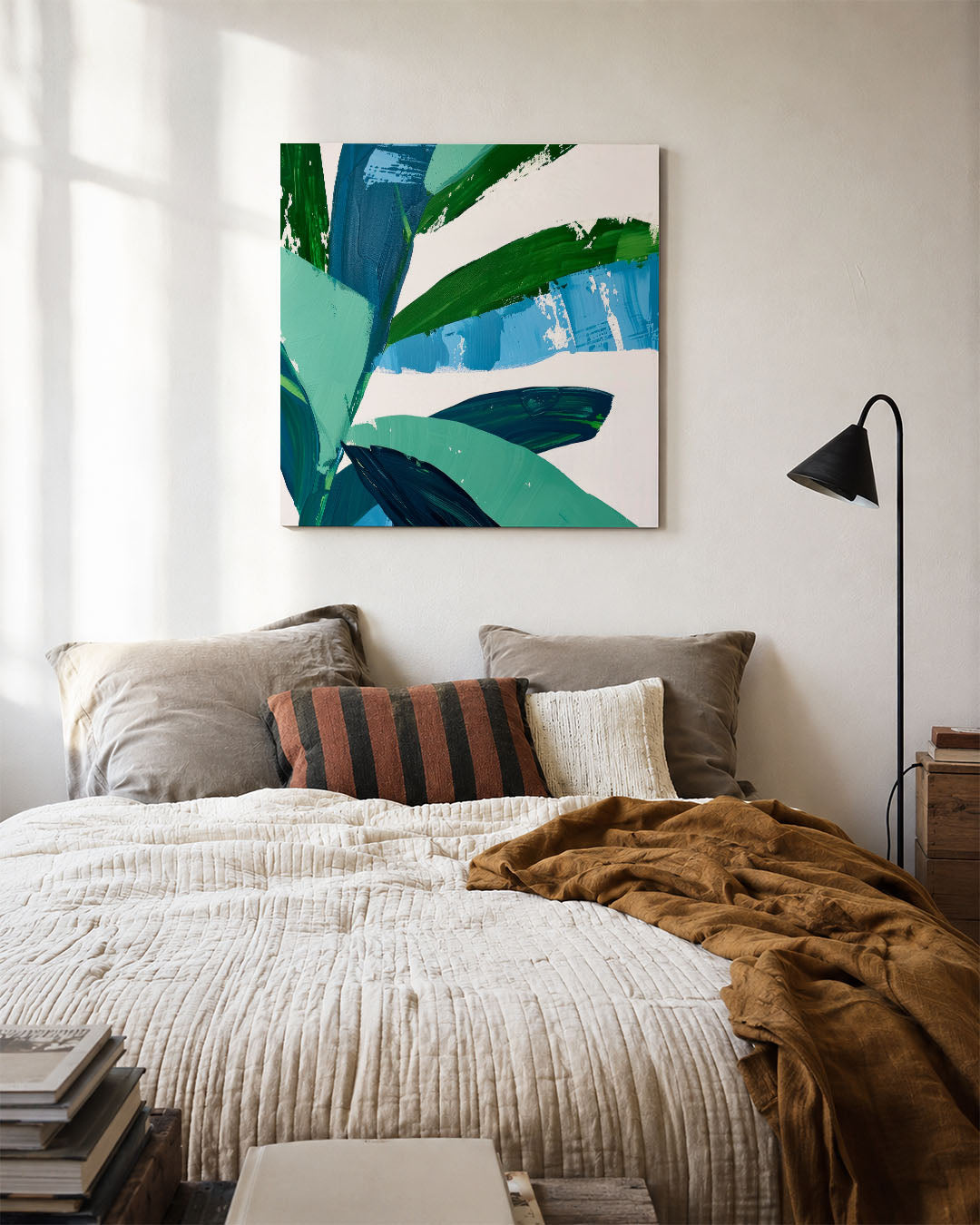 Dynamische kleurencompositie kunstwerk – detailweergave – dit kunstwerk toont een levendige mix van groene en blauwe tinten