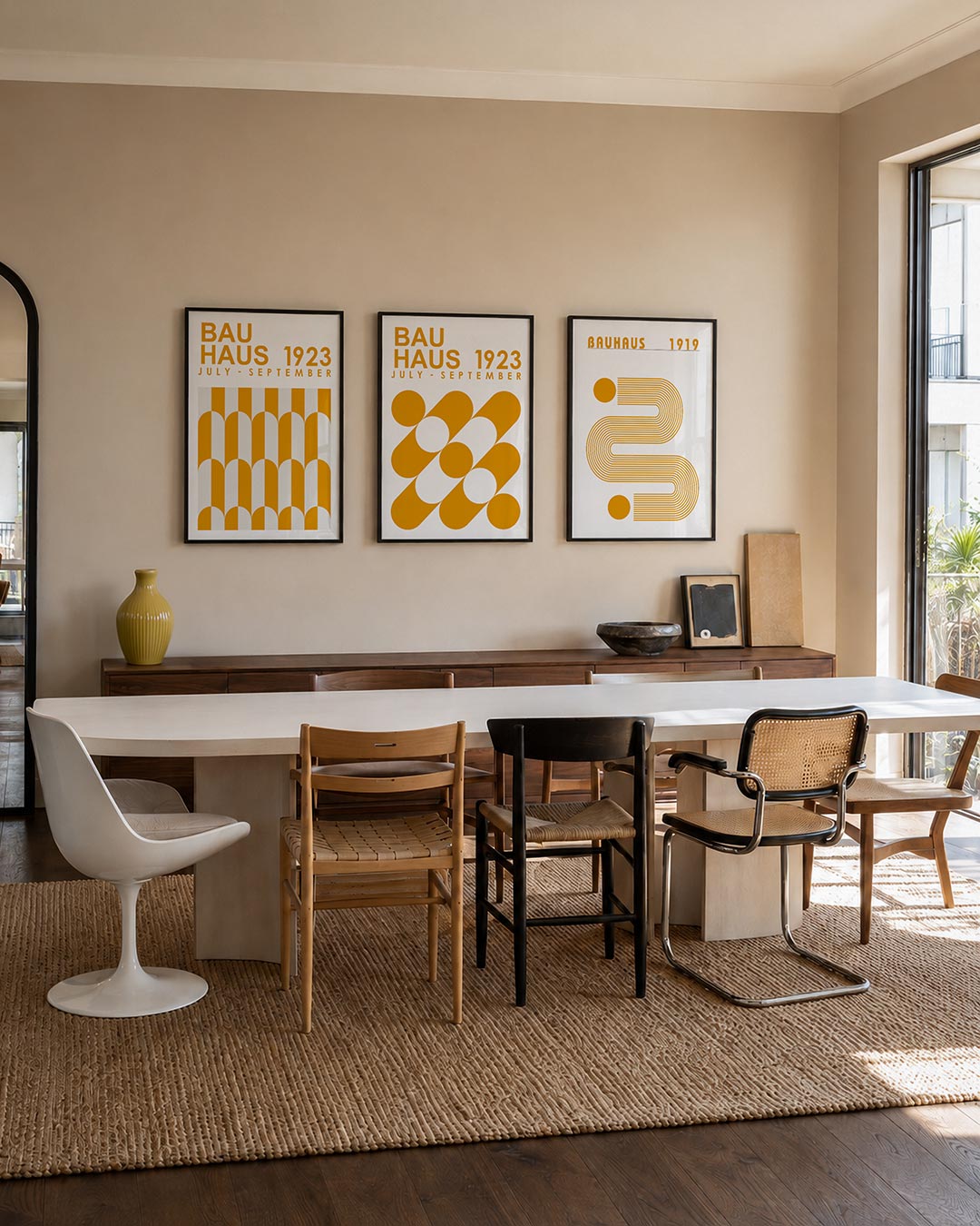Vorm en kleurenspel driedelige posterset – deze posterset in drie delen toont een ritmisch patroon van oranje en witte bogen