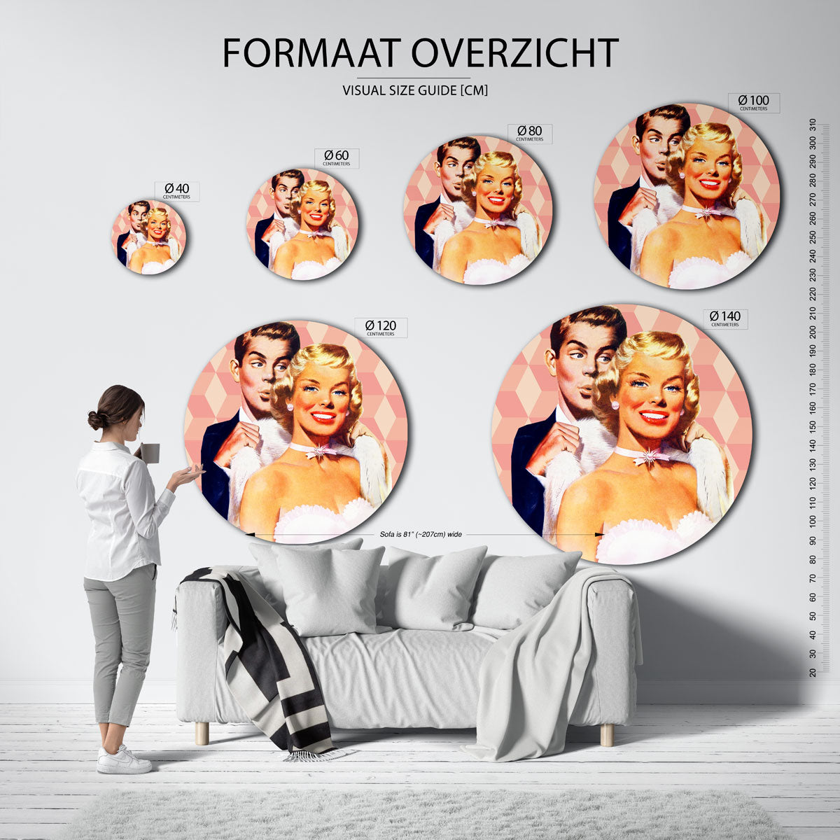 Retro koppel – kleurrijke ronde muurdecoratie in Pop Art stijl