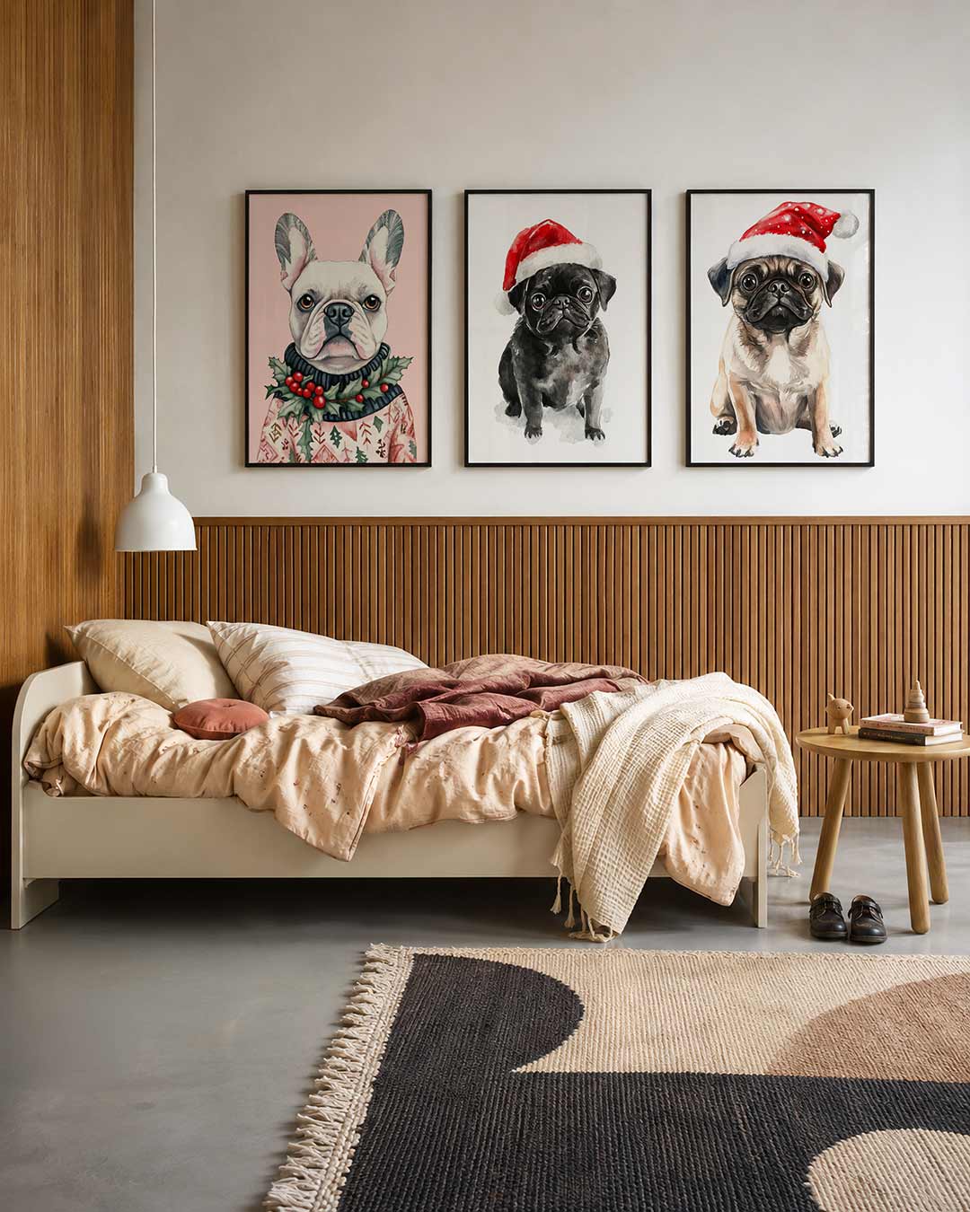 Hond en kerstgroen driedelige posterset – een hond met grote oren en een serieuze blik draagt een