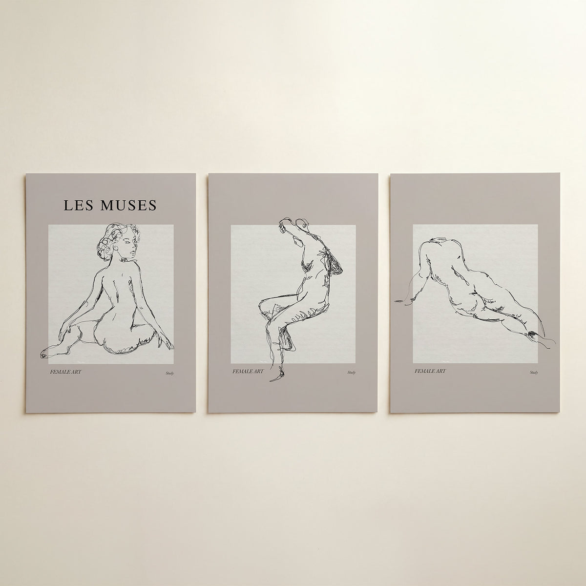 Lijnenspel en vormen driedelige posterset in tweede interieur