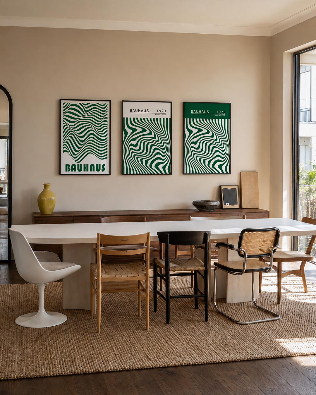 Golvend lijnenspel posterset – tweede productweergave – deze posterset toont een dynamisch spel van golvende lijnen in groen