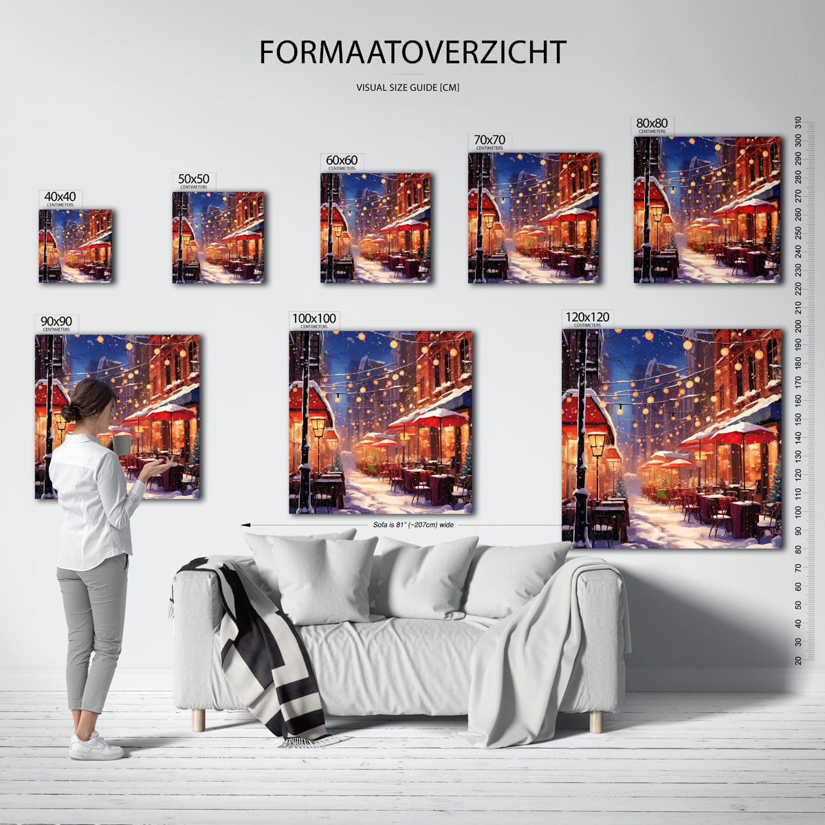 Sneeuwstraat met lichten – vierkante muurposter voor kerst