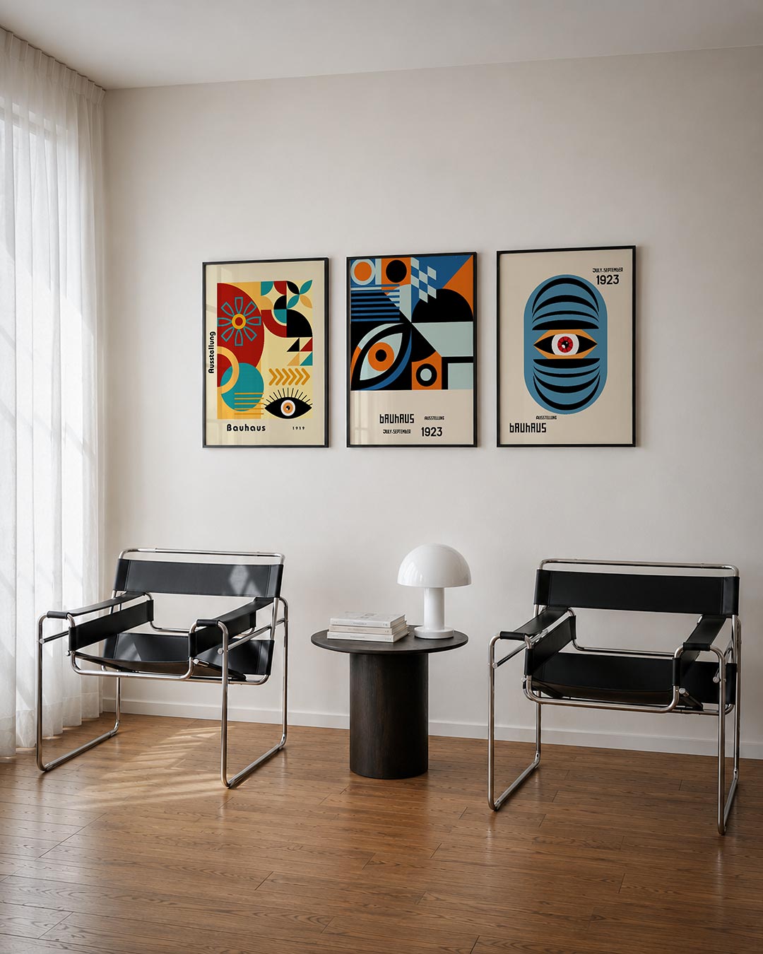 Vormen en kleurvlakken driedelige posterset – deze posterset in drie delen toont een levendig spel van cirkels, driehoeken en