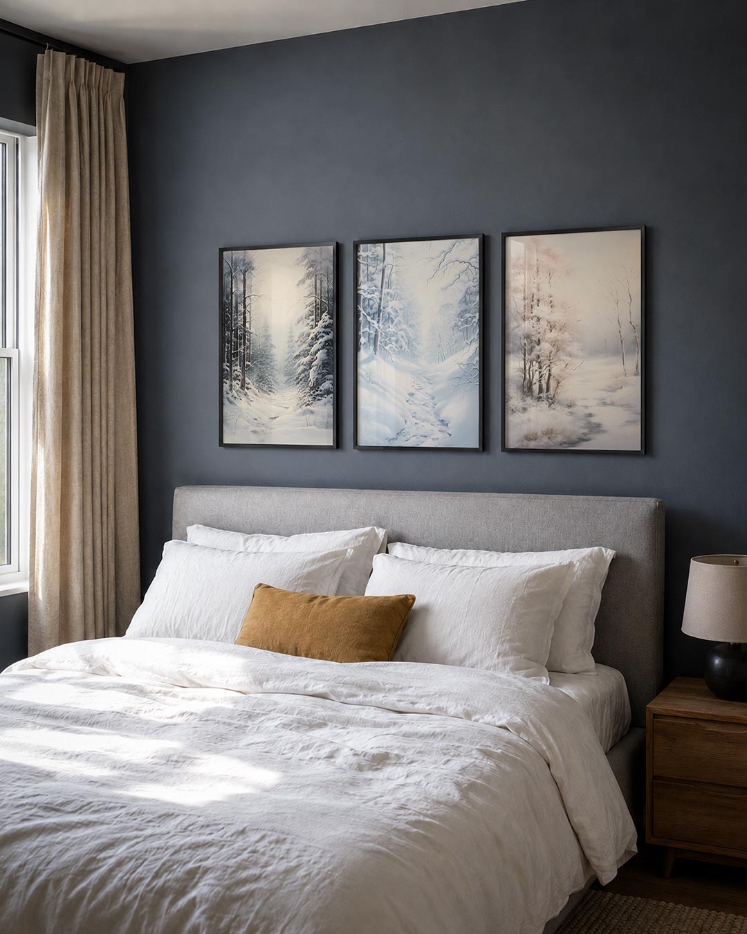 Winterse bosweg posterset – detailweergave – een serene winterse bosweg met hoge, besneeuwde bomen en