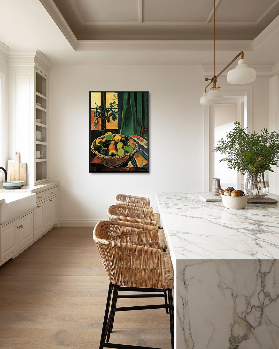 Fruitmand met gordijn – staand wanddecoratie kunstwerk