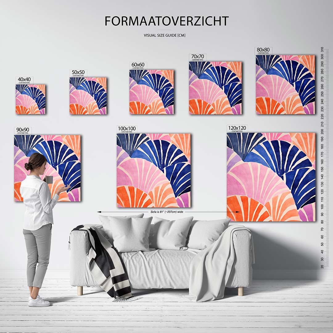 Dynamische kleurvlakken kunstwerk – sfeerbeeld – dit kunstwerk toont een levendige compositie van overlappende waaiervormen