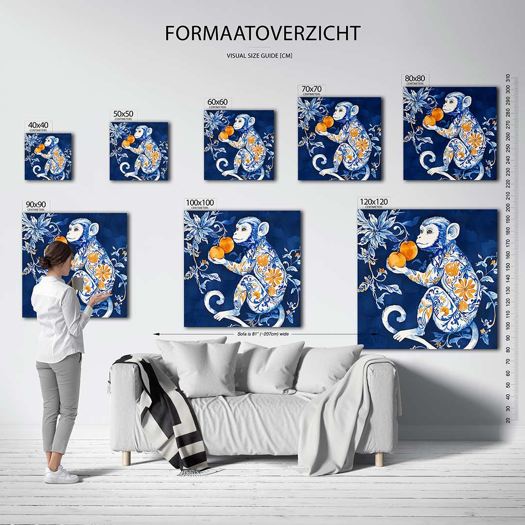 Fantasierijke aap kunstwerk – dit kunstwerk toont een gedetailleerde aap met sierlijke patronen in blauw en oranje, omringd