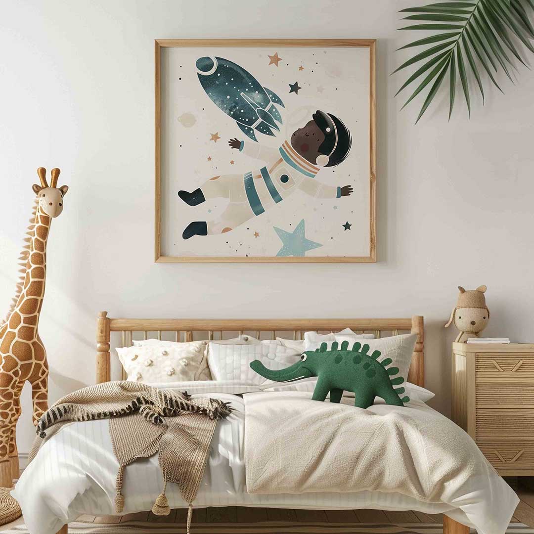 Astronaut en raket – vierkante kinderkamer wanddecoratie van WallArtistic