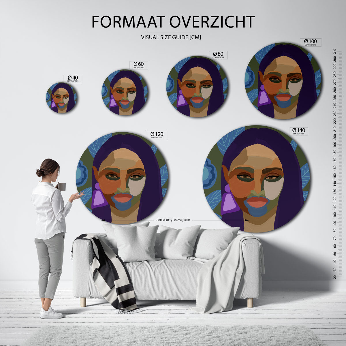 Portret met bladeren – abstracte wandkunst met textuur als muurcirkel