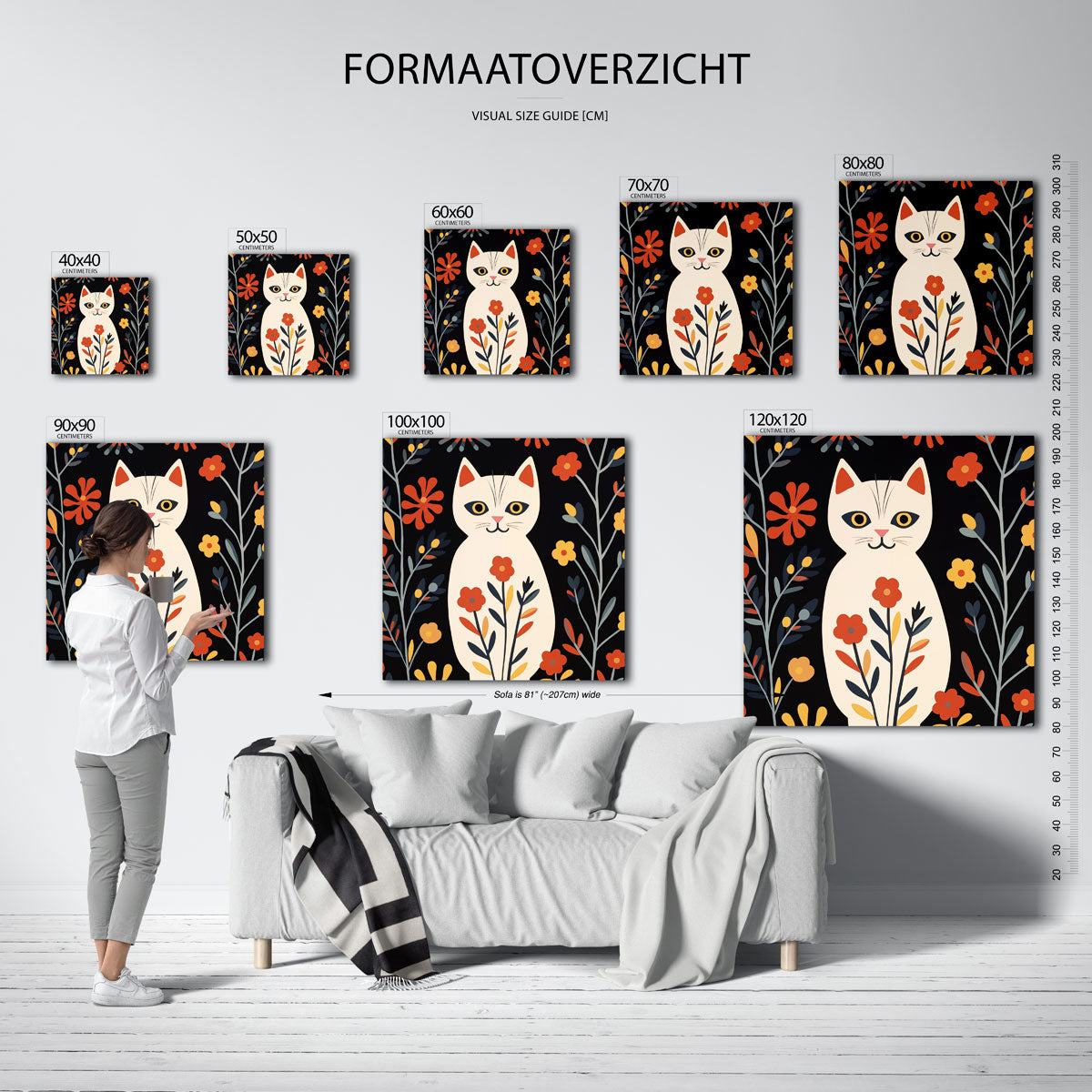 Kat met bloemen – vierkante muurposter voor de kinderkamer