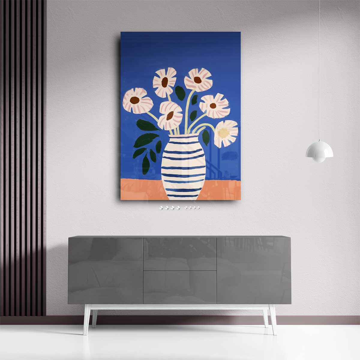 Stralende Bloemen in Gestreepte Vaas – plexiglas wanddecoratie in portret formaat