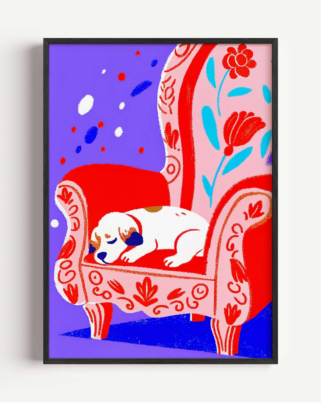 Dromerige Puppy op Bloemrijke Fauteuil – zomer portret poster als wanddecoratie