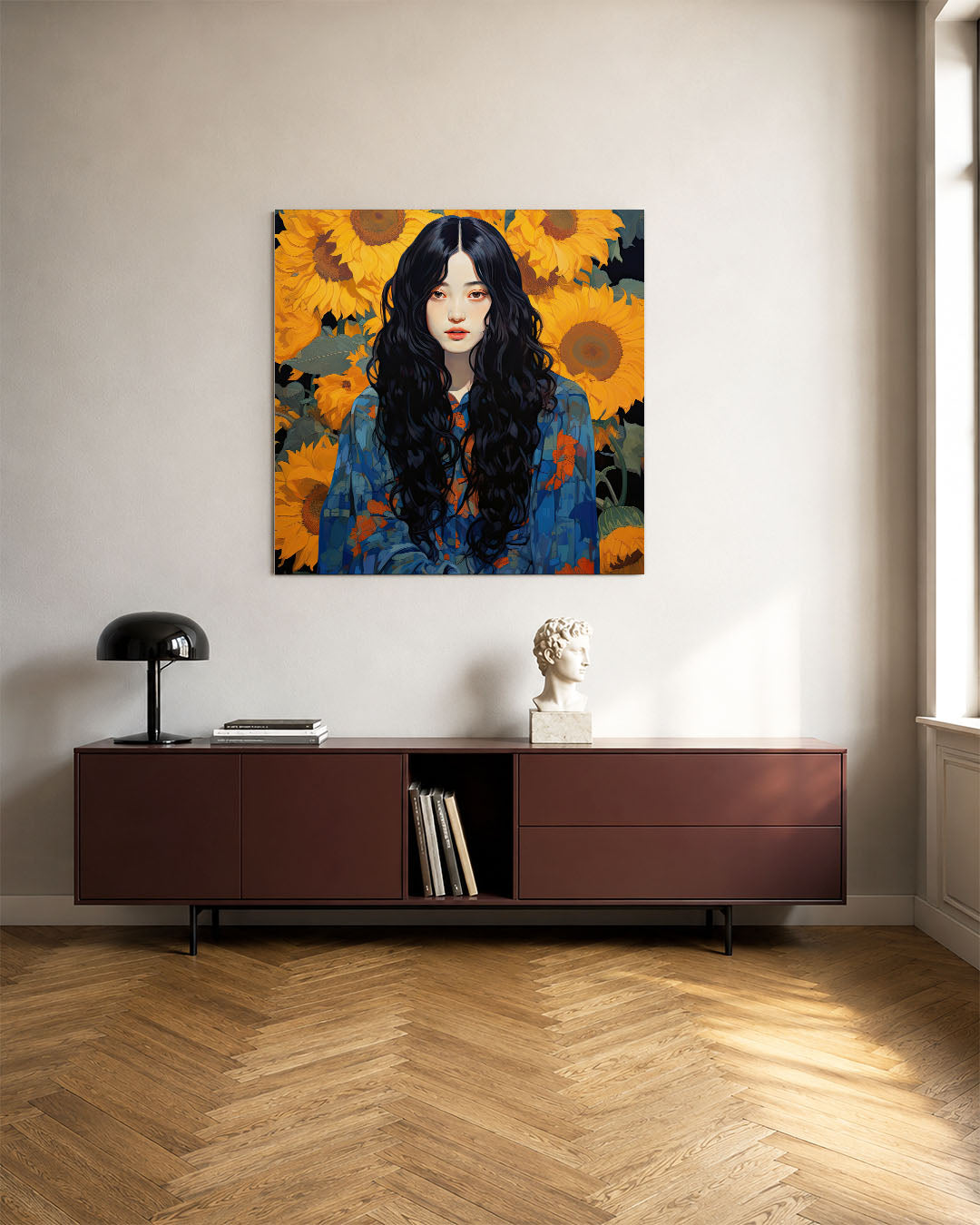 Vrouw met zonnebloemen kunstwerk – tweede productweergave – dit werk toont een vrouw met lange donkere haren, omgeven door