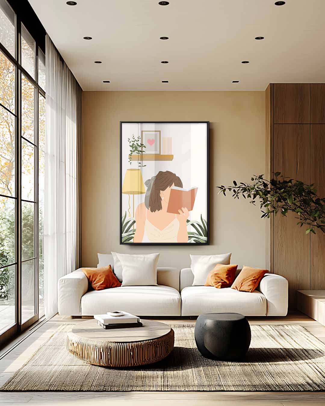 Lezende Vrouw in een Gezellige Kamer – staand kunstwerk voor modern interieur