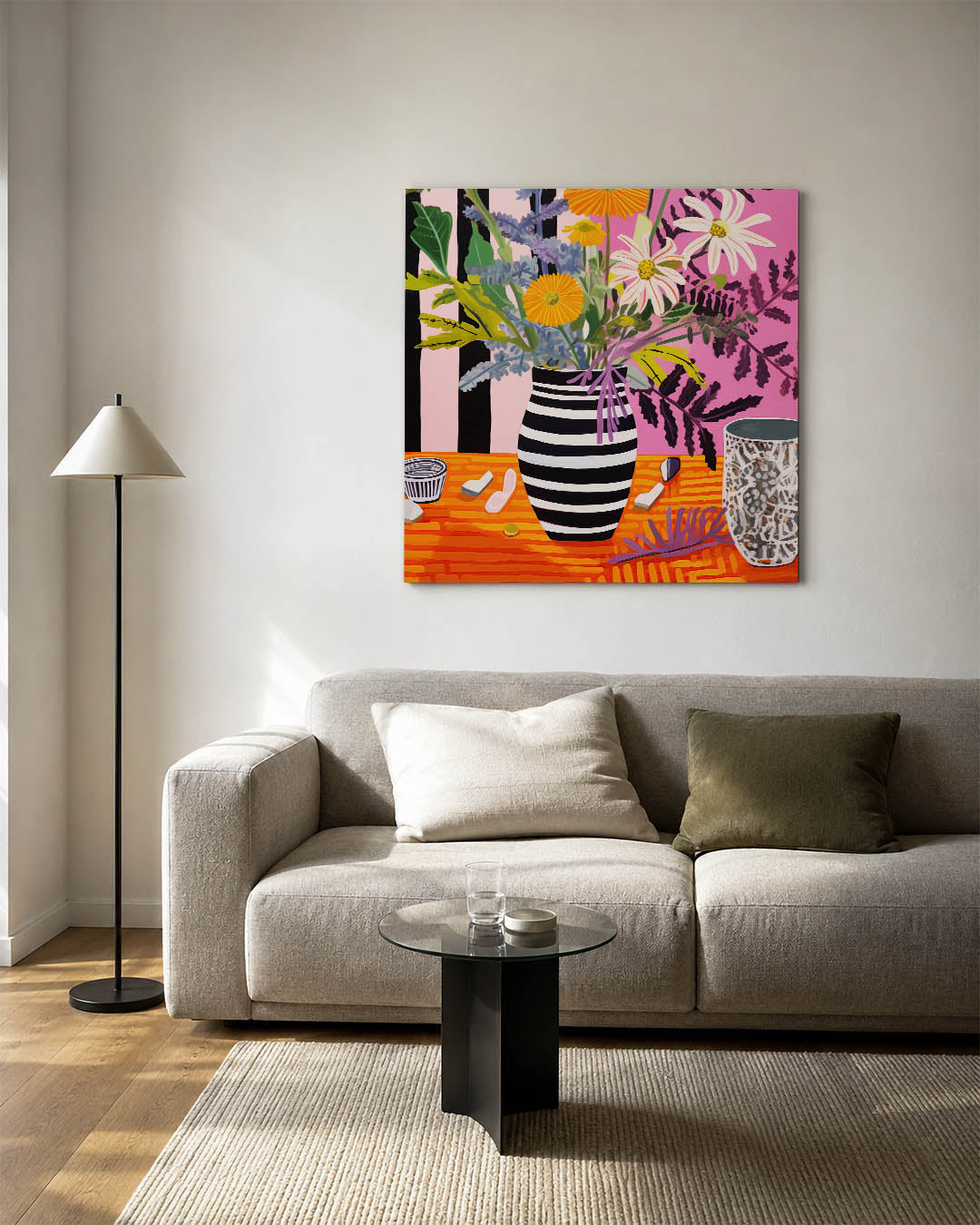 Bloemrijke compositie kunstwerk – detailweergave – dit kunstwerk toont een levendige bloemenvaas met contrasterende kleuren