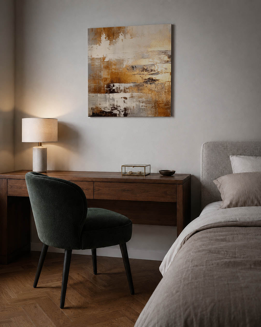 Gelaagde kleurencompositie kunstwerk – sfeerbeeld – dit werk toont een dynamische mix van beige, bruin en wit, met vloeiende