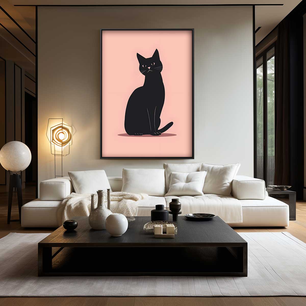 Stijlvolle Zwarte Kat Illustratie – canvas wanddecoratie in portret formaat