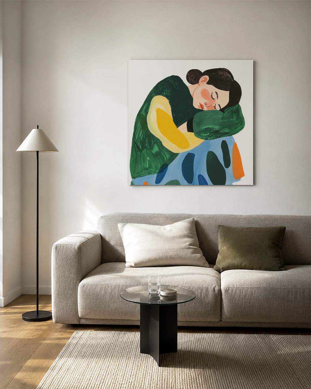 Dromerige vormen kunstwerk – vierkante wanddecoratie – dit kunstwerk toont een figuur in rust, omgeven door vloeiende vormen