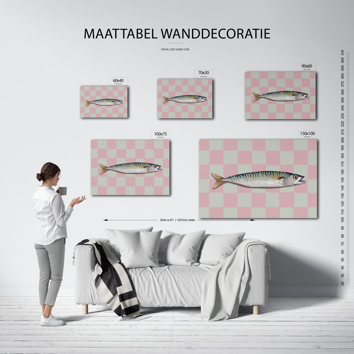 Vis op geruit patroon – kunstwerk op canvas, dibond of plexiglas