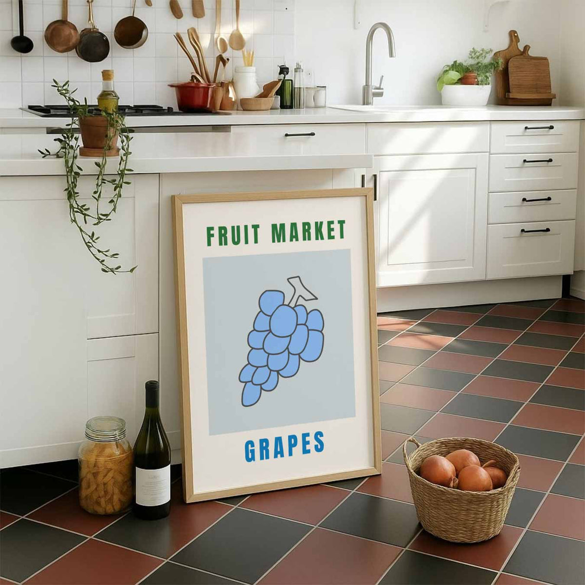 Stijlvolle Druiven Markt – staande muurposter voor keuken of eethoek