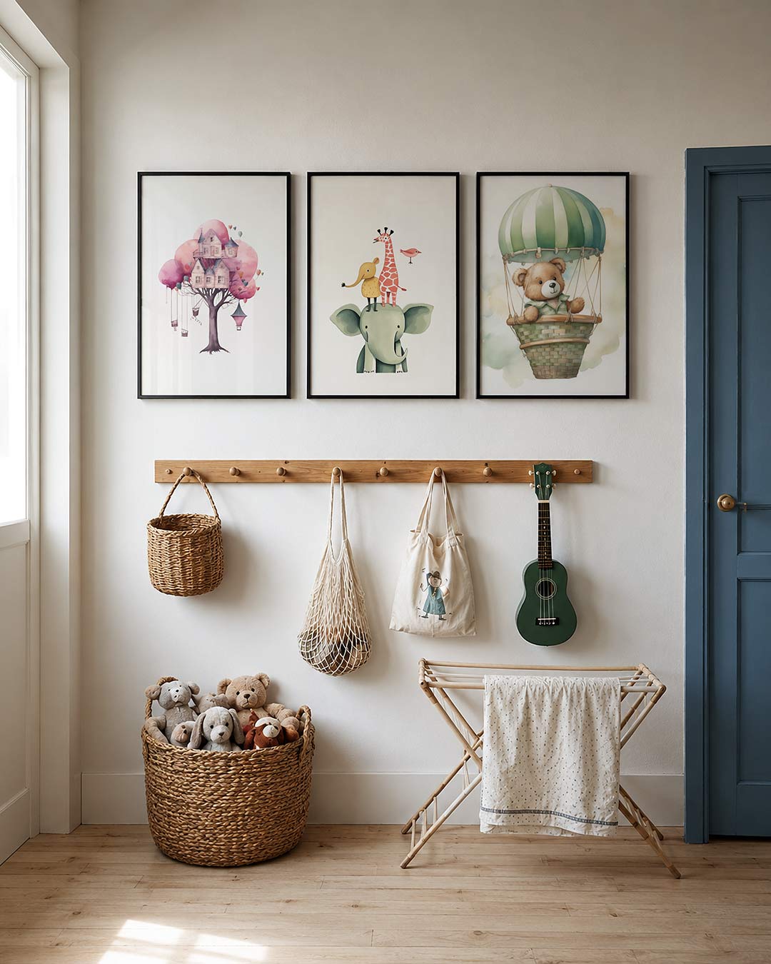 Luchtige droomvlucht posterset – detailweergave – een schattige teddybeer zweeft in een luchtballon met