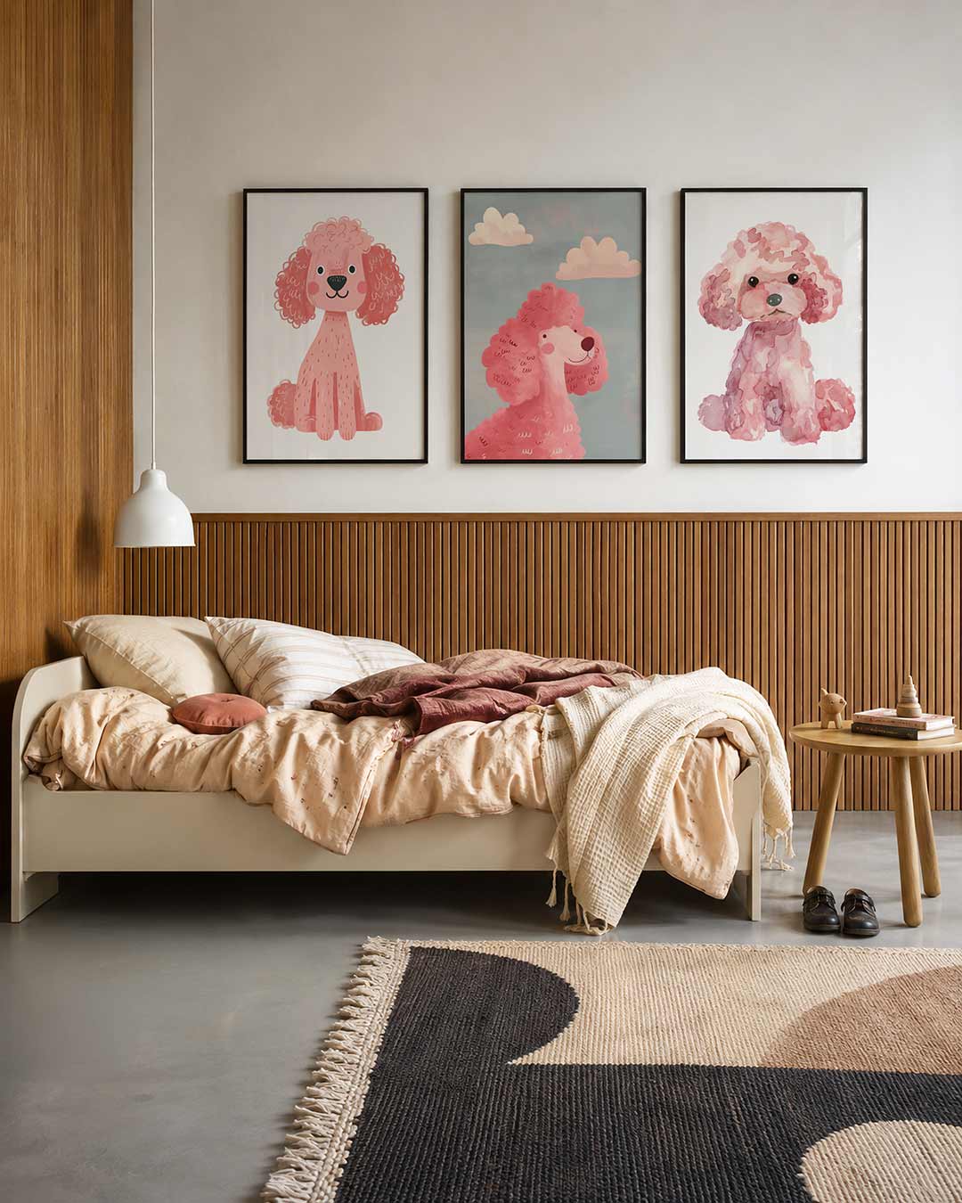 Vrolijke hond driedelige posterset – een speelse illustratie van een roze hond met krullend haar