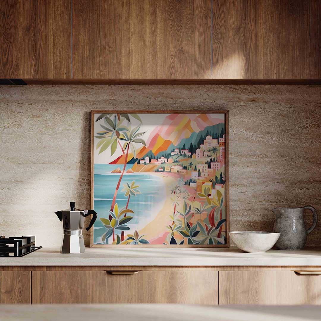 Kustlandschap met palmbomen – culinaire wandkunst als vierkante poster
