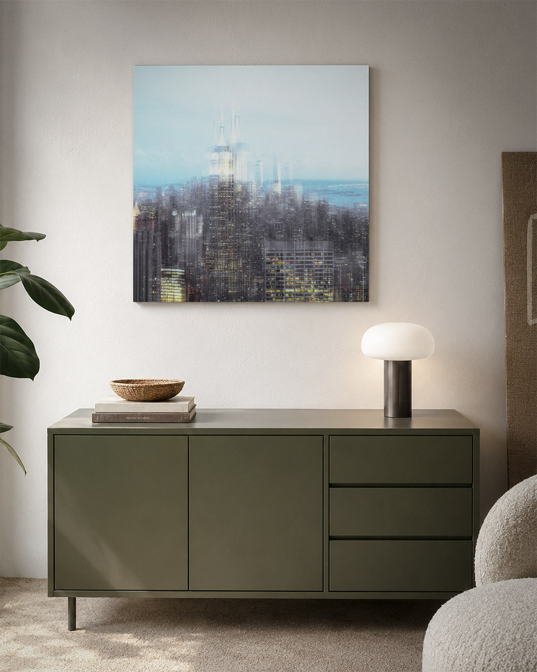Stedelijke droom kunstwerk – detailweergave – deze kunstwerk toont een vervaagde skyline met hoge gebouwen die in elkaar
