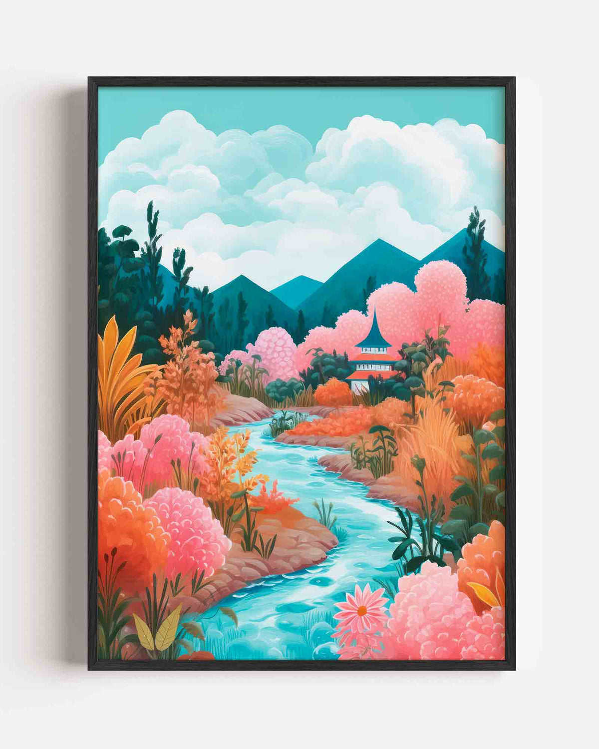 Landschap met rivier – kleurrijke illustratie portret poster als wanddecoratie